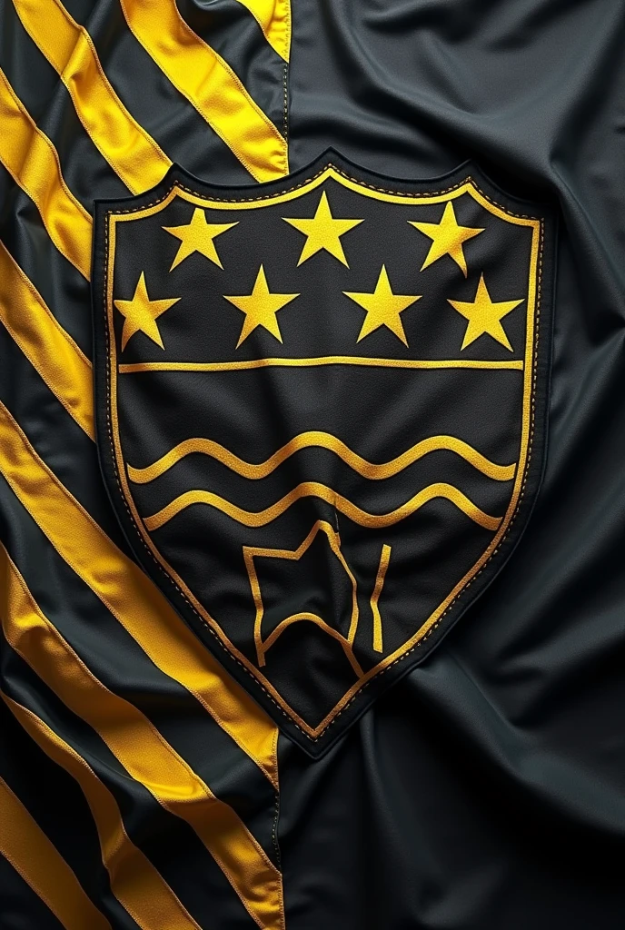 Black flag with yellow and white stripes, with a shield with few stars and representing opposition and war