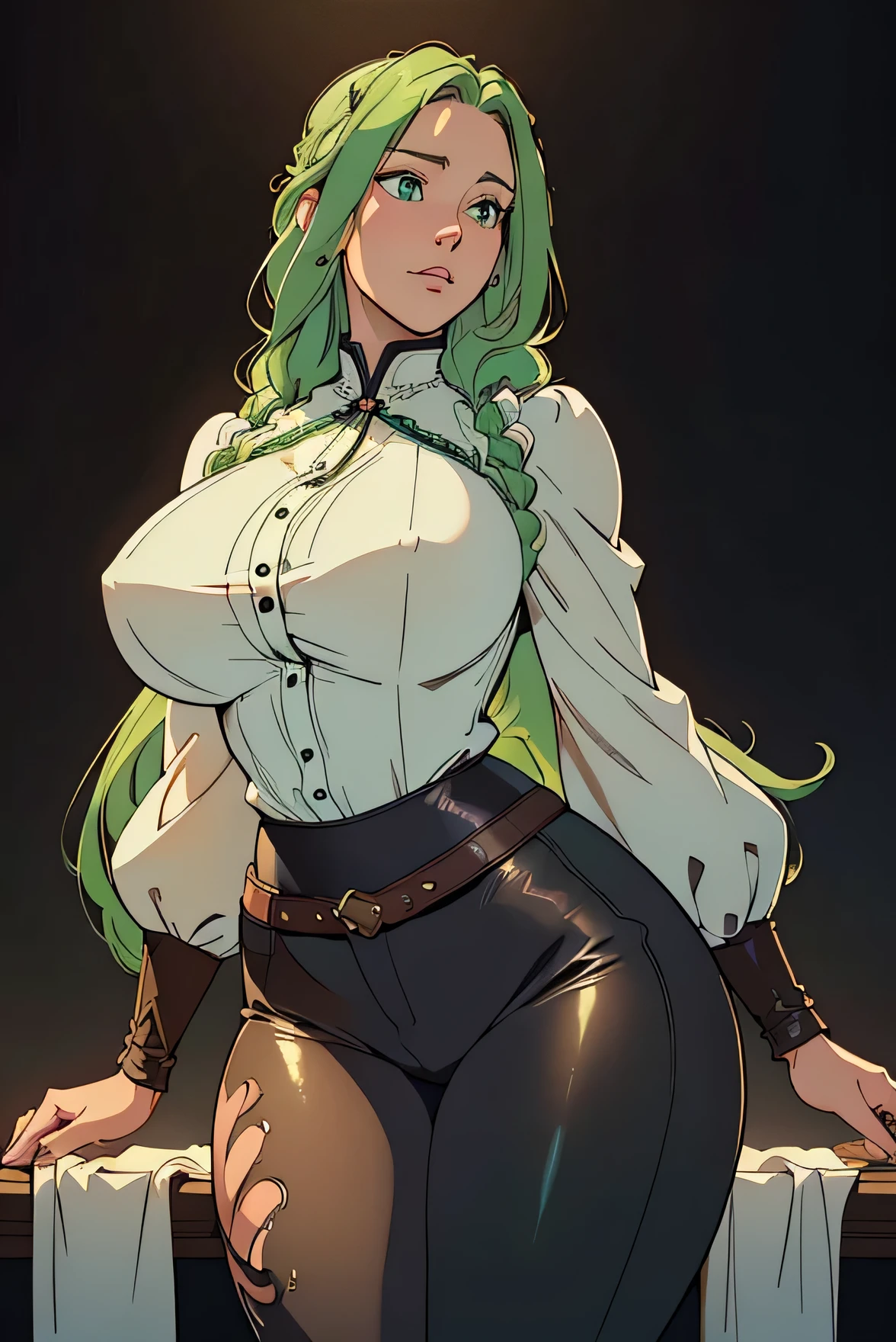 Cute Farmgirl with Braids. ((woman with light green hair, milf woman, long hair)), Perfectly round face. Beautiful cute face, Big beautiful voluptuous lips, charming beauty, ((gentle expression on your face)), ((Beautiful Big, detailed green eyes)), Waist slender, Broad Hips ((adventurous outfit, black blouse, leather pants, waist long)) (highy detailed)),offcial art, Award-winning digital painting, digital illustration, extreme detail, 4K, ultra HD, Rococo, polished, Intricate, realistic fantasy art, sharp focus, conceptual artwork, arte por WLOP, artgerm, (2D vector illustration) Light, airy, hourglass figure. ellie bamber
