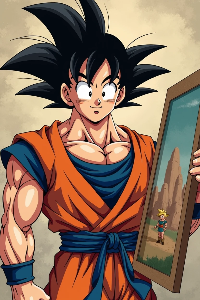 happy goku holding a large painting with his hand, at the height of his chest