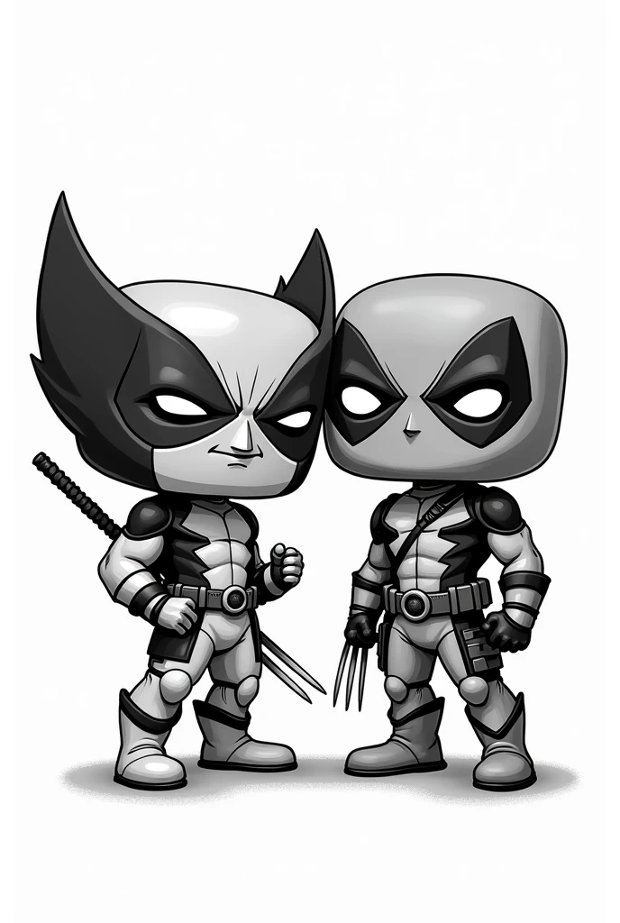 The image features a Wolverine and Deadpool character together in Funko Pop style. (in strokes, no shadings), Rounded head with full mask covering the face, There must be an empty white background, no shading, with open space between the lines.. in black and white 