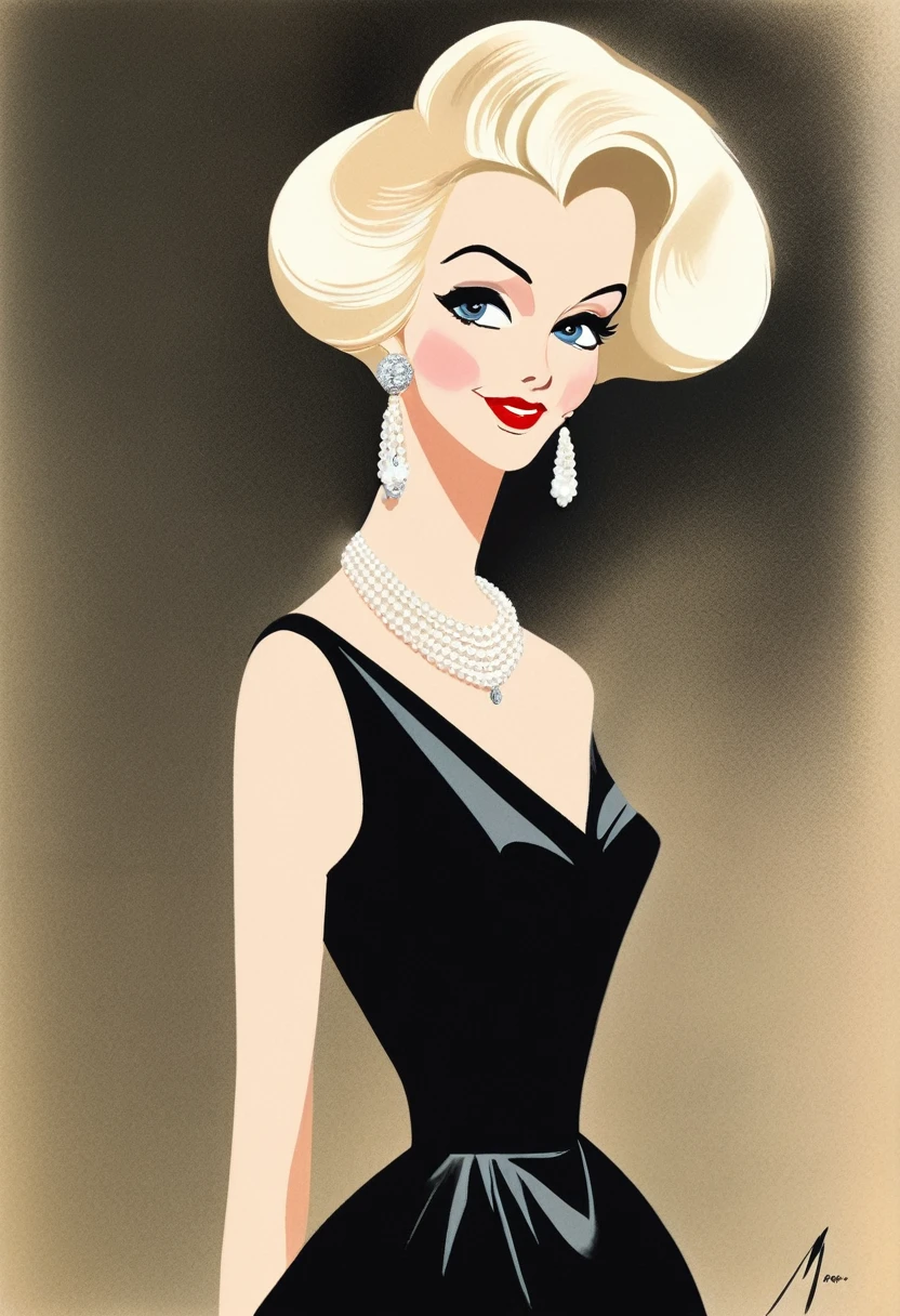 Tall and thin woman , A blonde woman with a Marilyn Munroe face.、She is wearing a long black dress with diamond earrings and a pearl necklace 