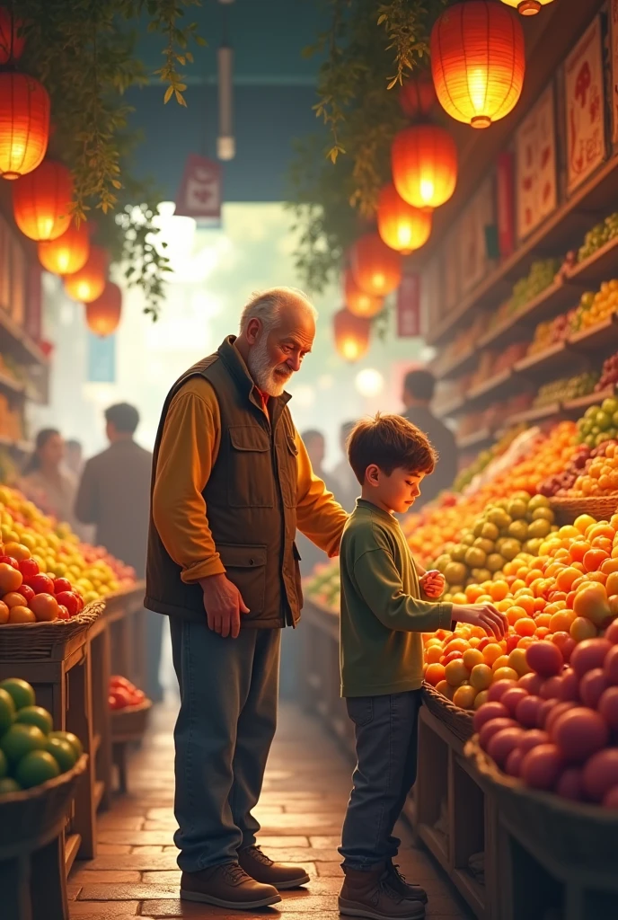 Father and son in a fruit shop