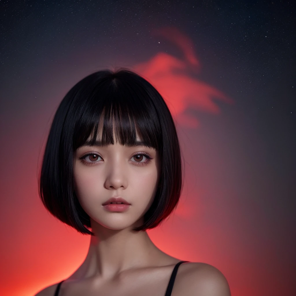 Delicate and dainty young woman with shiny bob-cut black hair . She is wearing bright red. The background is a fantastic and ethereal night sky that seems to be haunted by a specter. Her expression is stern and atmospheric. Angle from directly below. face closeup