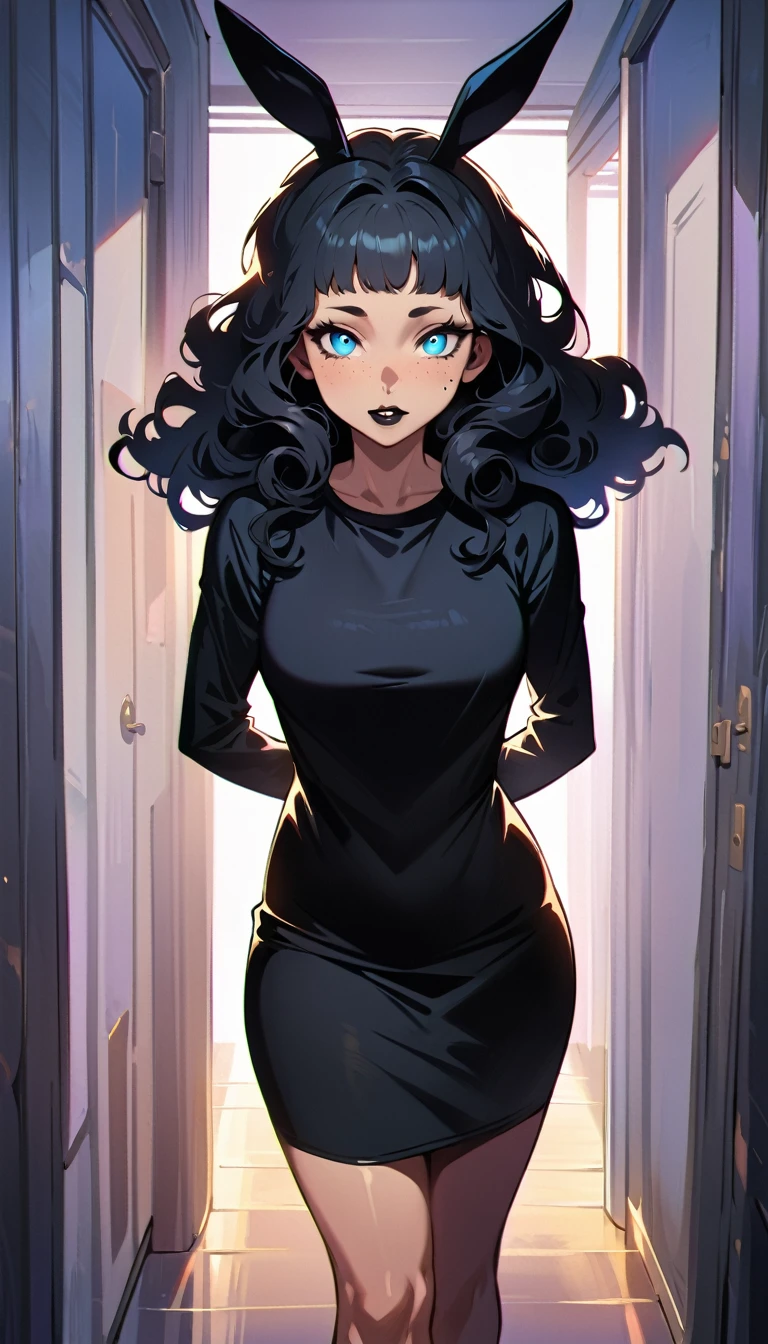 (high quality, 8k, 4K, high contrast, artwork:1.2, high quality, best aesthetics), (centered), ((1 woman)), erotic, sensual, mature body, grown woman, super detailed, beautiful face detailed, beautiful eyes detailed, detailed beautiful mouth, (long black curly hair), (blue eyes), (black eyeliner), (black eyeshadow), (freckles on cheeks), (black lipstick), (standing), (straight body posture), (front view of woman), (facing camera), (hands behind back), (casual clothes), (bunny ears)