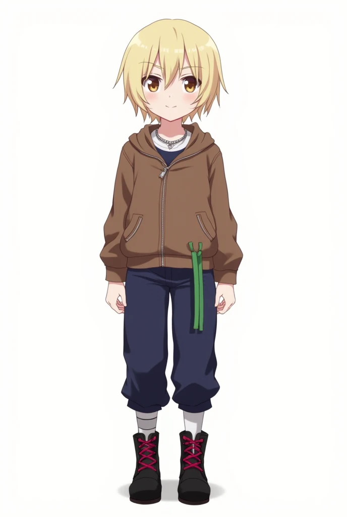 child, masculine, Whole body, Skinny body, short blonde hair, brown eyes, dark blue pants, black boots with red laces, green ribbon on her hip, silver necklace, brown jacket, hunter x hunter, anime, 4k, White background