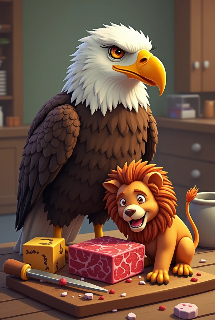 Eagle, Elephant, Lion Roast Dice Beef Together, a Cartoon Version