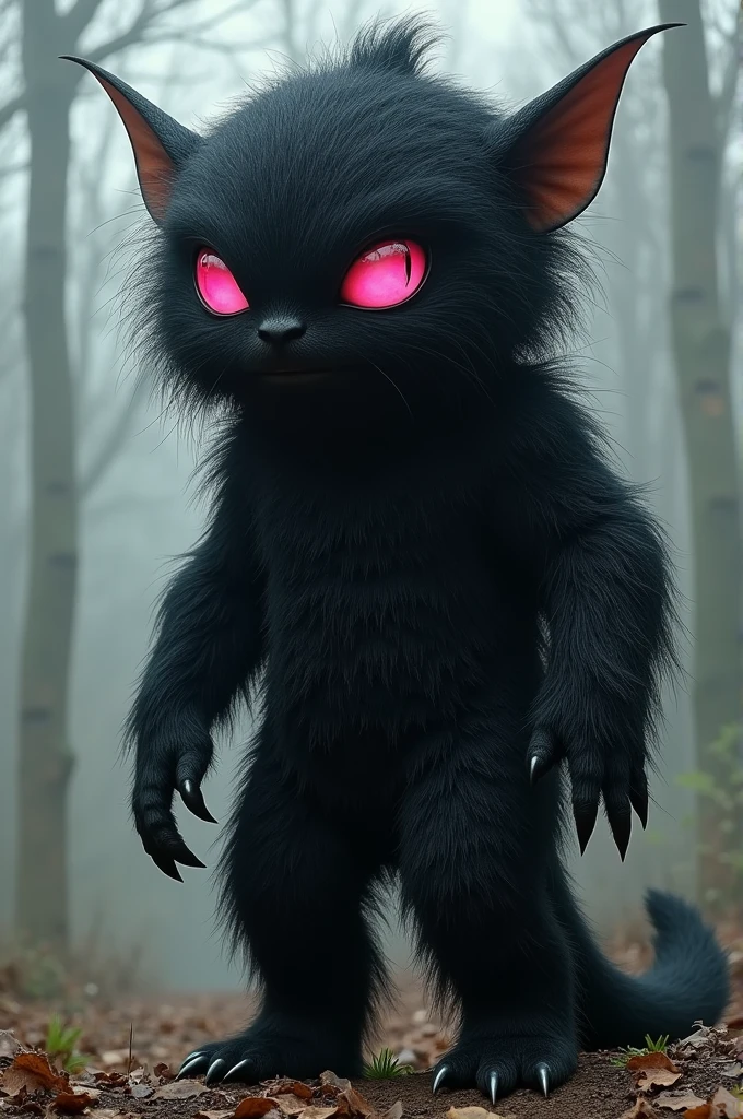 Create a monster that will have a large head the size of a pumpkin with black hair that covered its body and so much hair on its head that you couldn't see its face, except for its bright pink eyes and its pointed ears. This hairy beast, 2 meters high, has only 3 fingers on each hand that has claws and also has a very beautiful female figure