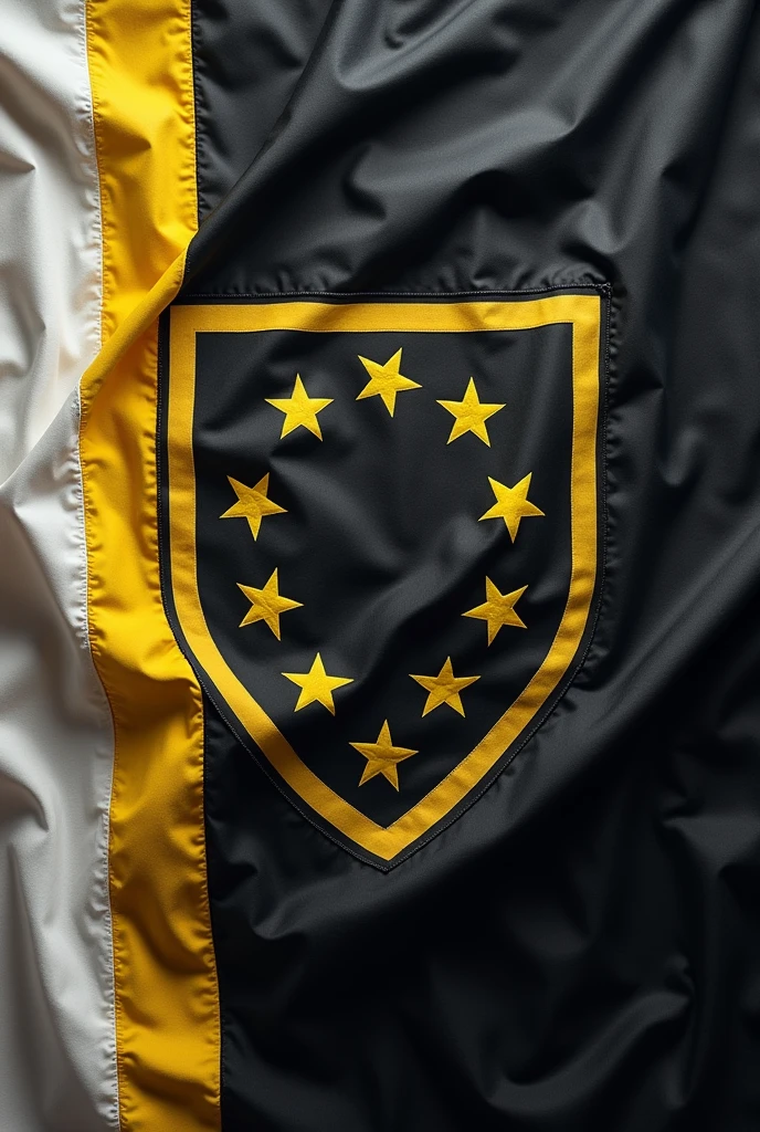 Black flag with yellow and white stripes, with a shield with few stars and representing opposition and war