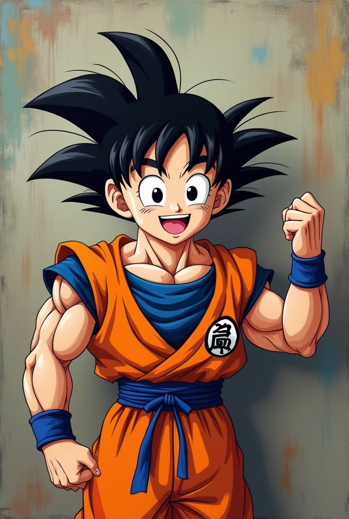 happy goku grabbing a large painting with his hand, at the height of his chest and showing it