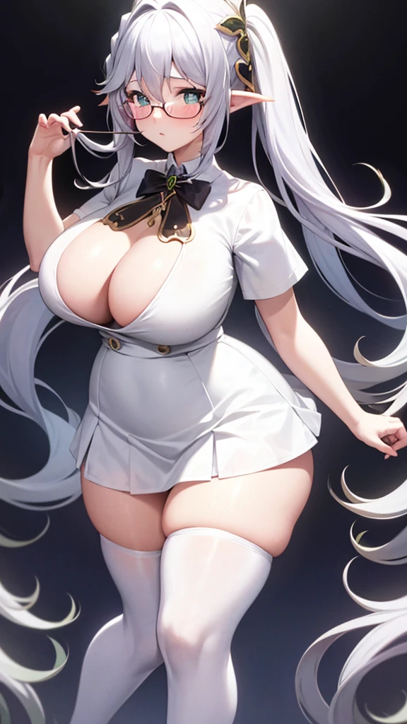 White shirt, long untied hair, pinched eyes, big , thick thighs, white panties, white thighhighs, dark purple hip skirt, no bra, glasses, plump, fat belly, full body