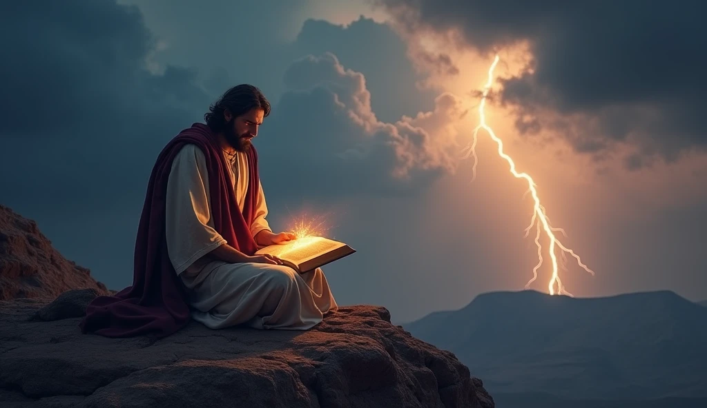 Moses on top of Mount Sinai receiving the Tablets of the Law from God, with dark clouds and lightning in the background. The scene conveys reverence and sacredness, with a divine glow on the boards.