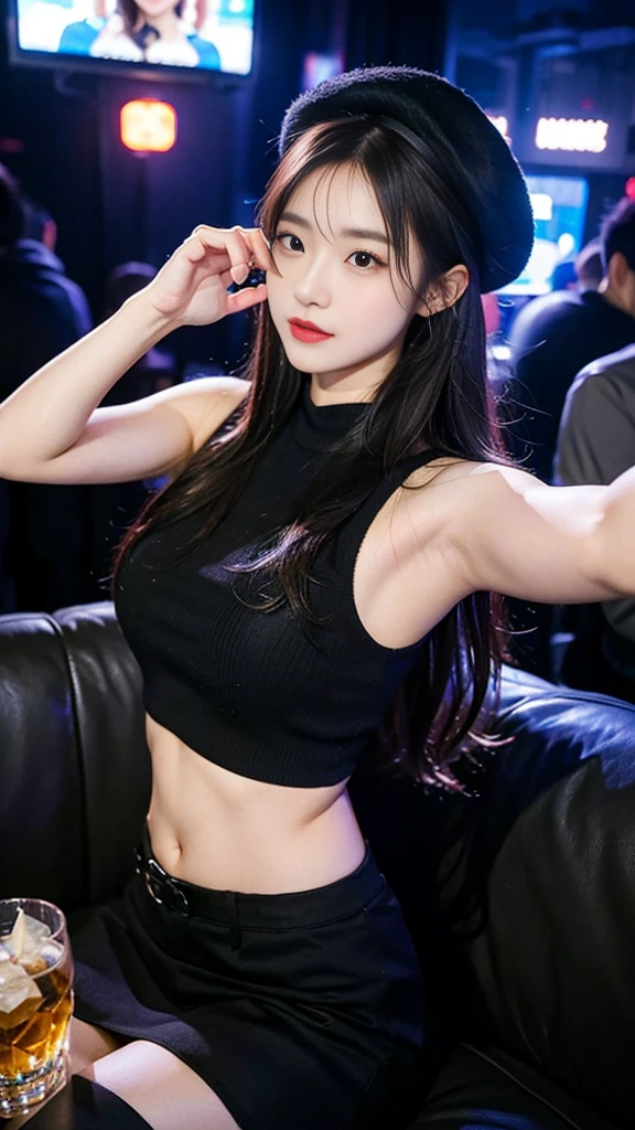 night club, whiskey table, Sofa, club room, couple selfie, smartphone selfie, A pretty slender 24 year old Korean woman wearing a top, miniskirt, overknee boots and a beret and a muscular shirt-wearing, strong body and handsome 34 year old Korean man., Karaoke machine, The lights went crazy, Party Lights, sound of music ringing