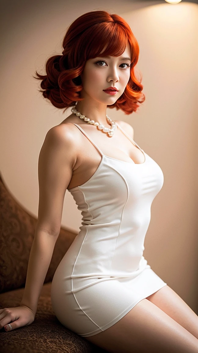 ((masterpiece, Best Quality)),(complex lighting) ,Whole body, Alone, Wilma Flintstone, Red hair, Horse tail, White dress, Pearl Necklace, lipstick,