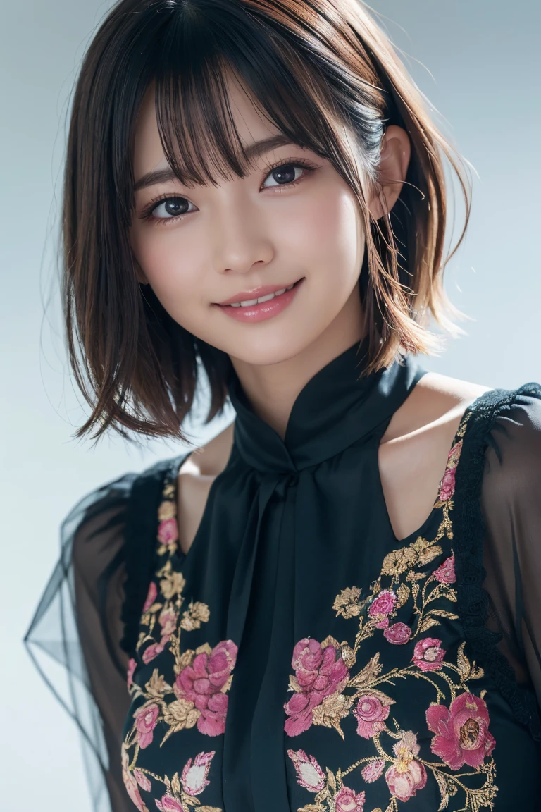 1 Girl, (Wearing colorful stage costumes:1.2), Very beautiful Japanese idol portraits, Face close-up, (RAW Photos, Highest quality), (Realistic, Realistic:1.4), (masterpiece), Very delicate and beautiful, Very detailed, 2k wallpaper, wonderful, finely, Very detailed CG Unity 8K wallpaper, Very detailed, High resolution, Soft Light, Beautiful detailed girl, Very detailed目と顔, Beautiful and sophisticated nose, Beautiful and beautiful eyes, Cinema Lighting, (Simple light color background:1.3), (short hair), (Bob), Complete Anatomy, Slender body, Small breasts, smile、In town