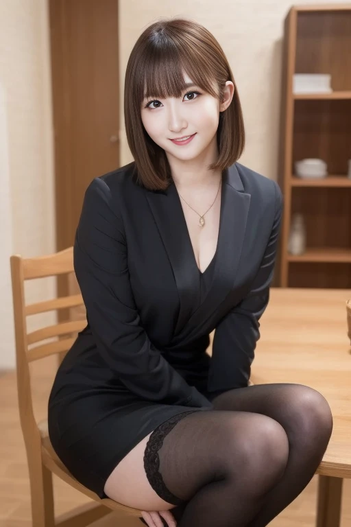 Tabletop, Highest quality, shape, Very detailed, finely, High resolution, 8k wallpaper,short hair、 完璧なダイナミックな構shape, Beautiful and beautiful eyes, suit,Natural color lip, smile、18-year-old girl,If you are wearing black tights or stockings、Two plump thighs、Shortcuts、Open chest shirt、Beautiful hands、Anatomically correct