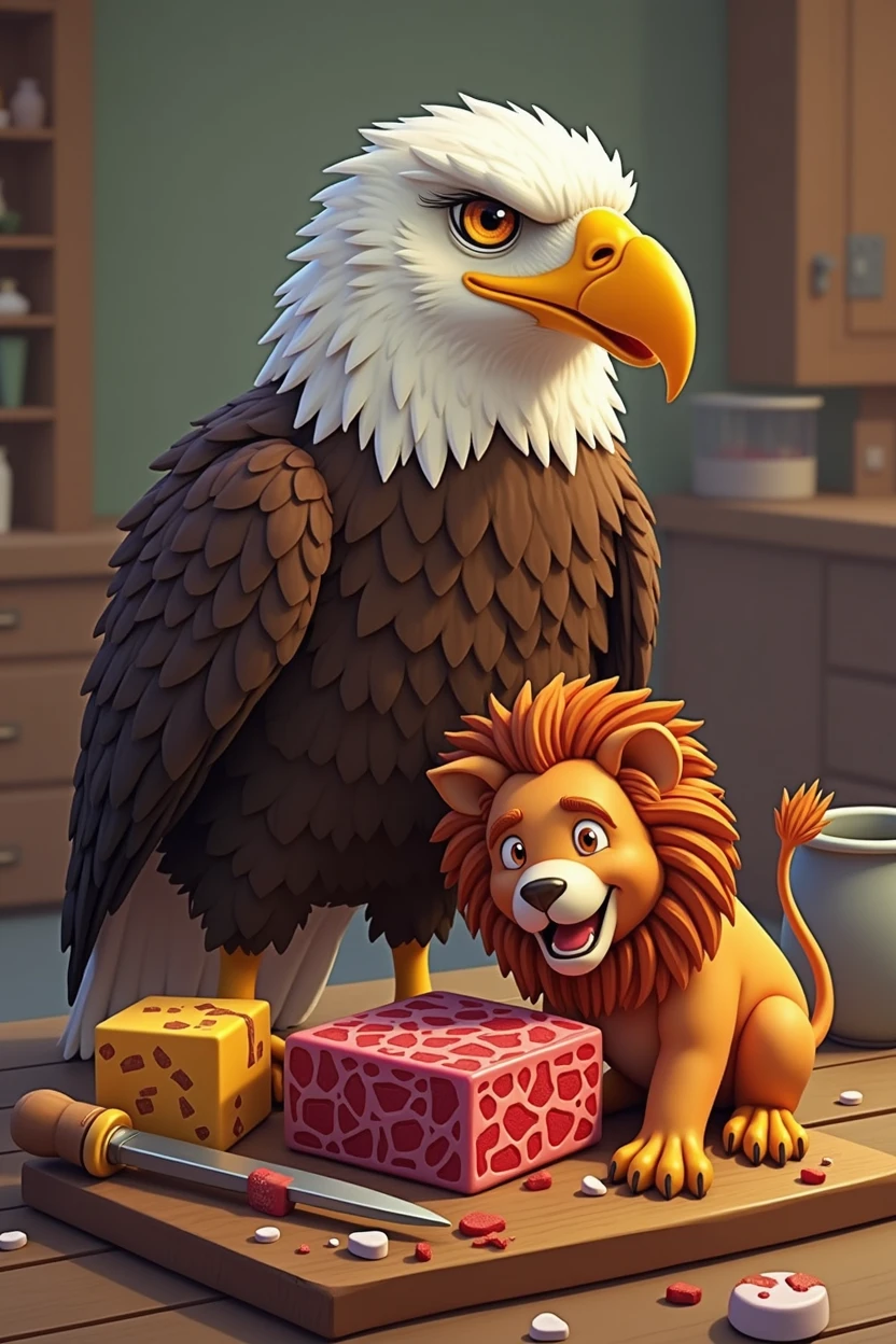 Eagle, Elephant, Lion Roast Dice Beef Together, a Cartoon Version