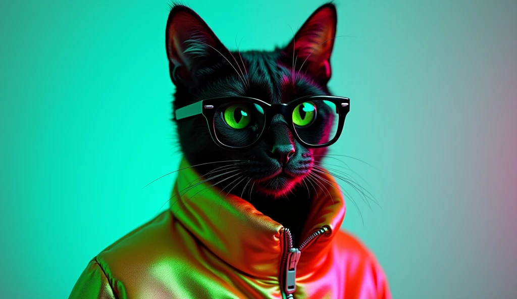 The best mobile wallpaper, Award winning wallpaper, portrait photography, In the front view there is a portrait of a cute black cat with green eyes, dressed in 1960s mid-century space age clothing., side view shot, shot with canon EOS R5, Establish a marked contrast that accentuates the subject., Fluorescent white tone, Wearing a very modern coat and sunglasses is a modern 60s style.., Modern urban clothing all bright metallic colors ., beautiful background