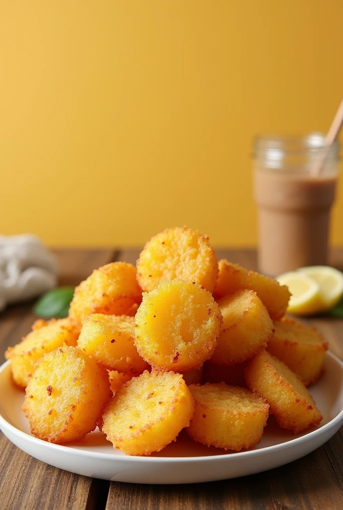 Now make a nice advertisement for fried cassava with space for me to put the address and telephone number and above in the left corner put my brand logo