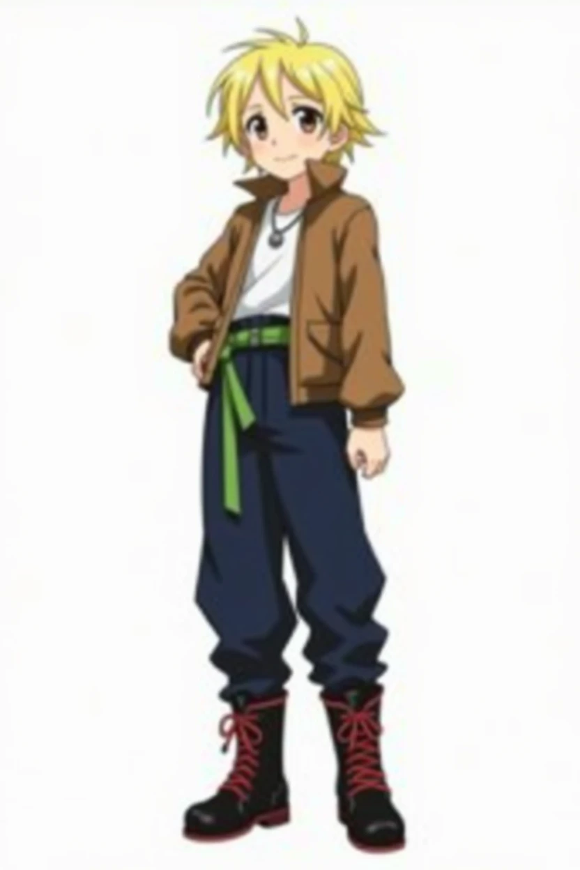 , masculine, Whole body, Skinny body, short blonde hair, brown eyes, dark blue pants, black boots with red laces, green ribbon on her hip, silver necklace, brown jacket, hunter x hunter, anime, 4k, White background