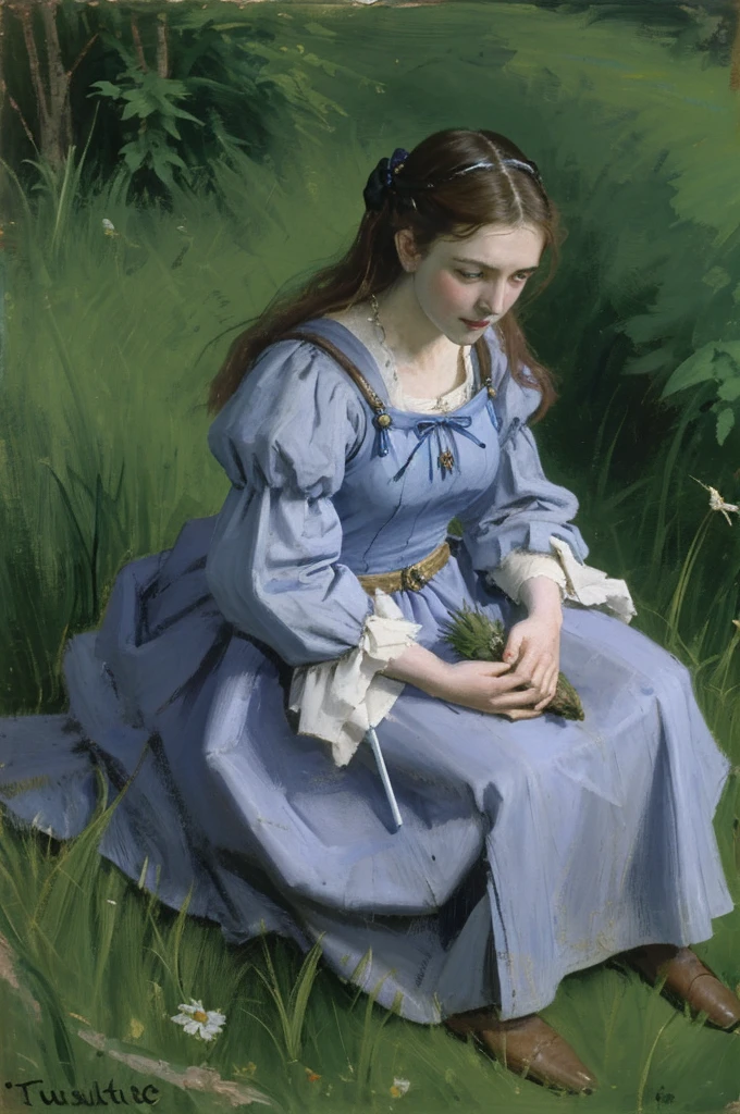 A young woman of noble lineage, dressed in medieval attire, is crouched down, holding a blue thistle in her hands. The woman is depicted in solid blue, while the thistle is in solid yellow. Her posture and expression convey deep exhaustion and weariness, as if burdened by the injustices of her existence.