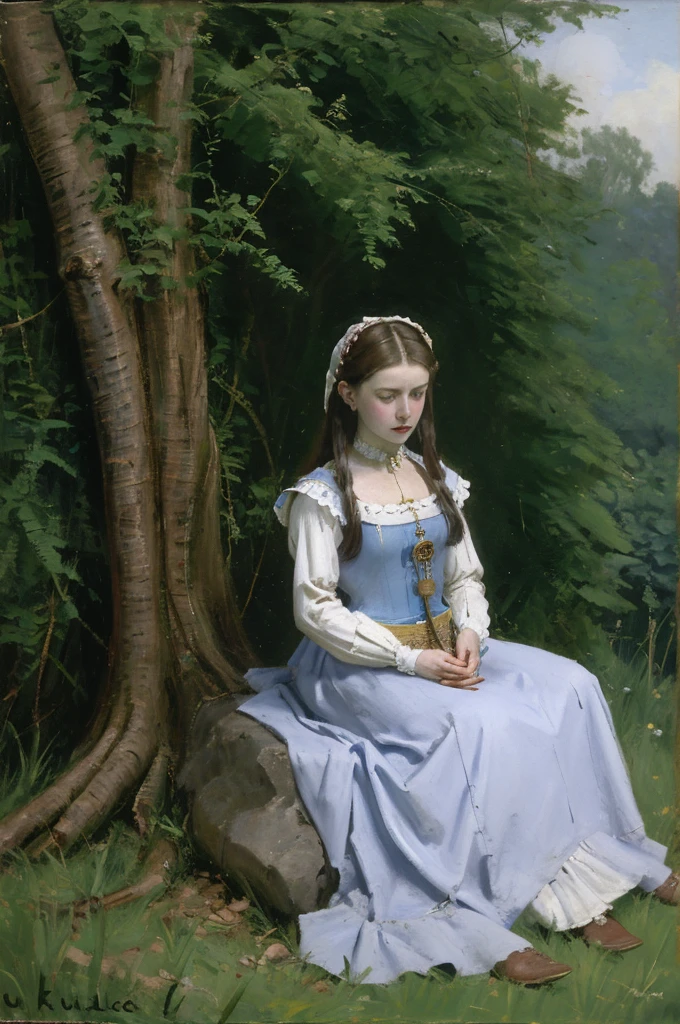 A young woman of noble lineage, dressed in medieval attire, is crouched down, holding a blue thistle in her hands. The woman is depicted in solid blue, while the thistle is in solid yellow. Her posture and expression convey deep exhaustion and weariness, as if burdened by the injustices of her existence.