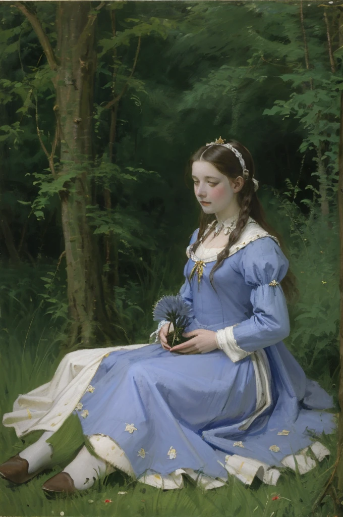 A young woman of noble lineage, dressed in medieval attire, is crouched down, holding a blue thistle in her hands. The woman is depicted in solid blue, while the thistle is in solid yellow. Her posture and expression convey deep exhaustion and weariness, as if burdened by the injustices of her existence.