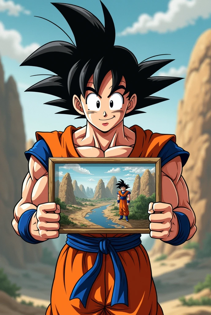 
happy goku holding a large painting with his hand, at the height of his chest and showing the painting from the front