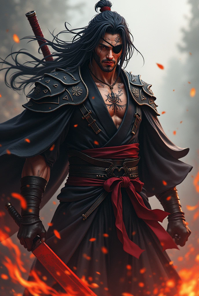 Make me a character in the world of demon slayer, with long black hair with white tips, besides an eye patch, hunter&#39;s mark, and extremely strong body, apart from his haroi and cloak and some scars, besides using flame breathing