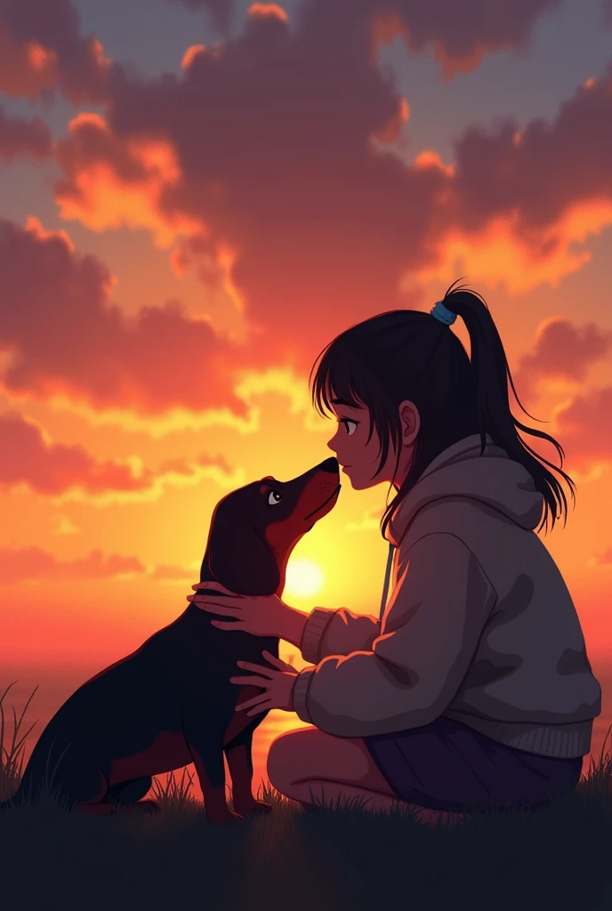 The silhouette of a  girl next to her dachshund watching a sunset, she caresses him tenderly putting their heads together