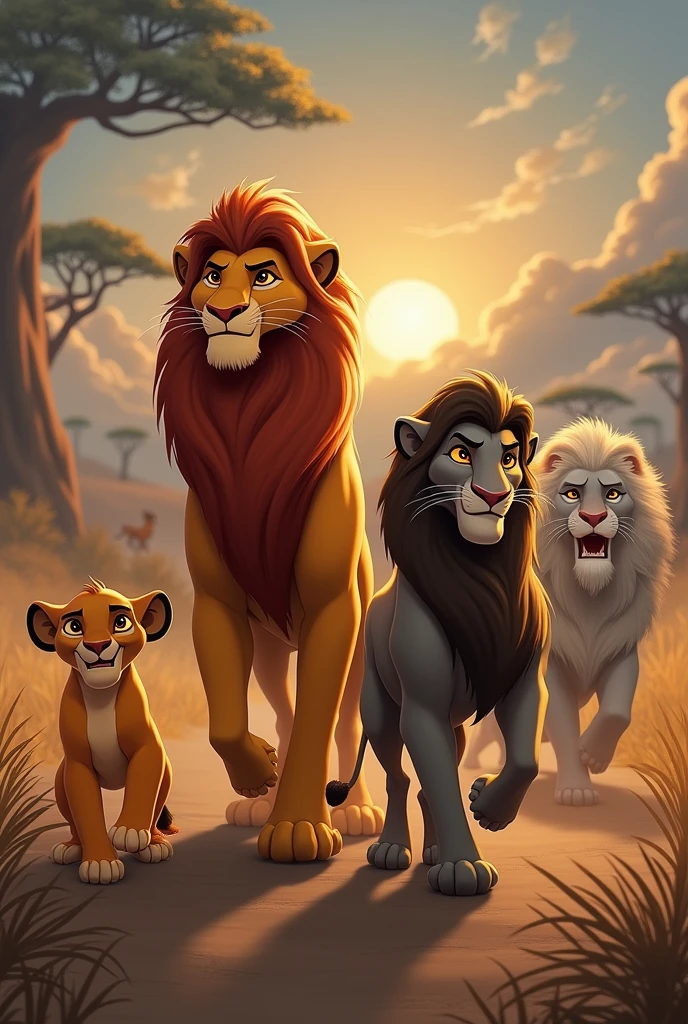 add cars,and each car must contain an uncle (one caracter,minus timão pumba and scar), and a lion cub (representing the teenager). uncles must be wearing eac uniforms. and the image must have other things related to eac. mufasa should stay in the center. uncles must take the young people to him individually
