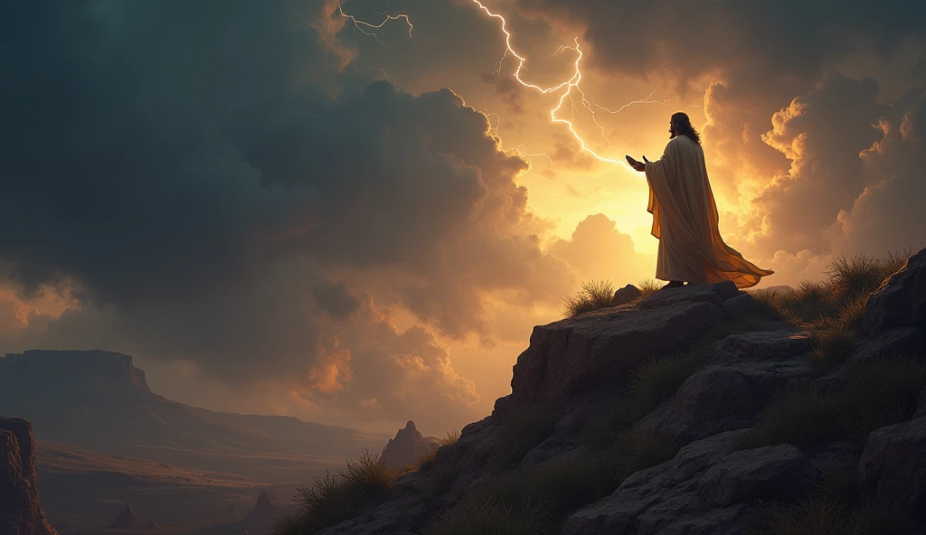 Moses on top of Mount Sinai receiving the Tablets of the Law from God, with dark clouds and lightning in the background. The scene conveys reverence and sacredness, with a divine glow on the boards.
