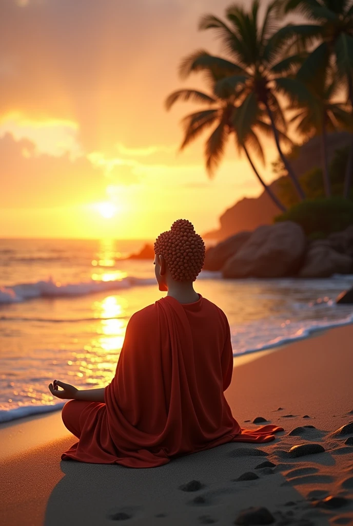 A Buddha meditating on a beach at sunset with sand, stones and palm trees around him people admired his wisdom