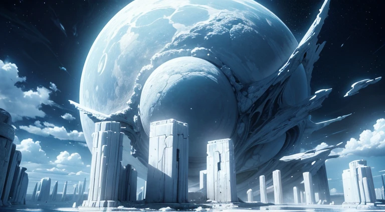 White alien world,Huge stone pillars hang over the clouds,Alien Chaos landscape,