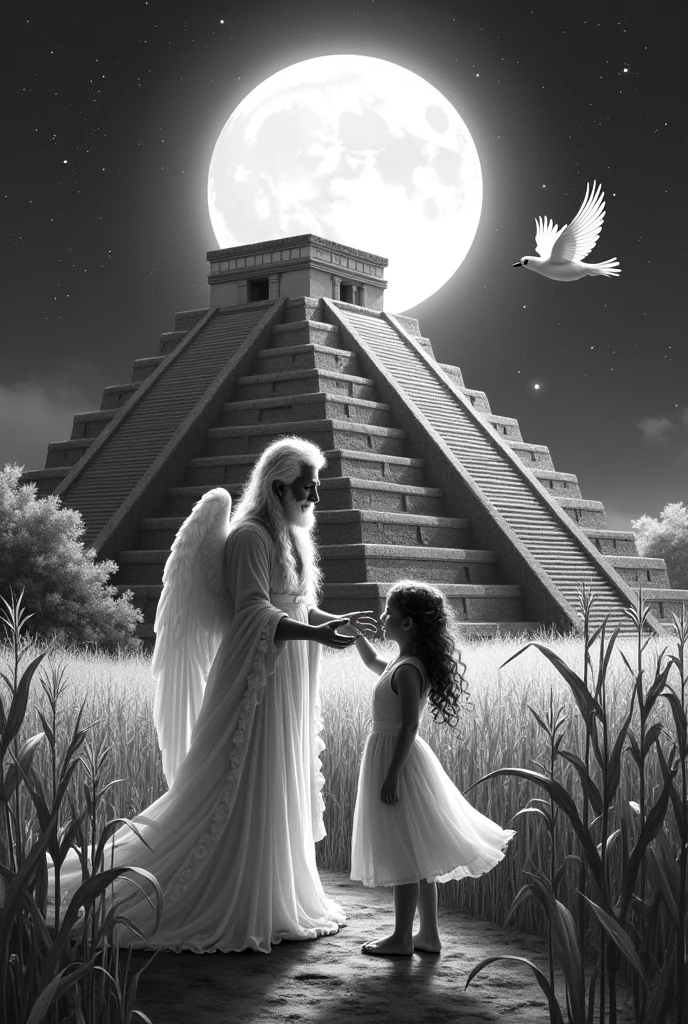 Mayapan pyramid central path and corn field Full moon Maiden playing with her grandfather represented as an angel playing with a nightingale Design for tattoo in black ink