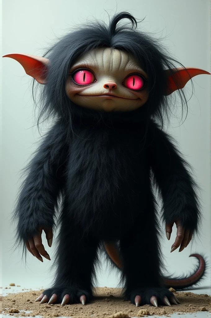 Create a monster that will have a large head the size of a pumpkin with black hair that covered its body and so much hair on its head that you couldn't see its face, except for its bright pink eyes and its pointed ears. This hairy beast, 2 meters high, has only 3 fingers on each hand that has claws and also has a very beautiful female figure