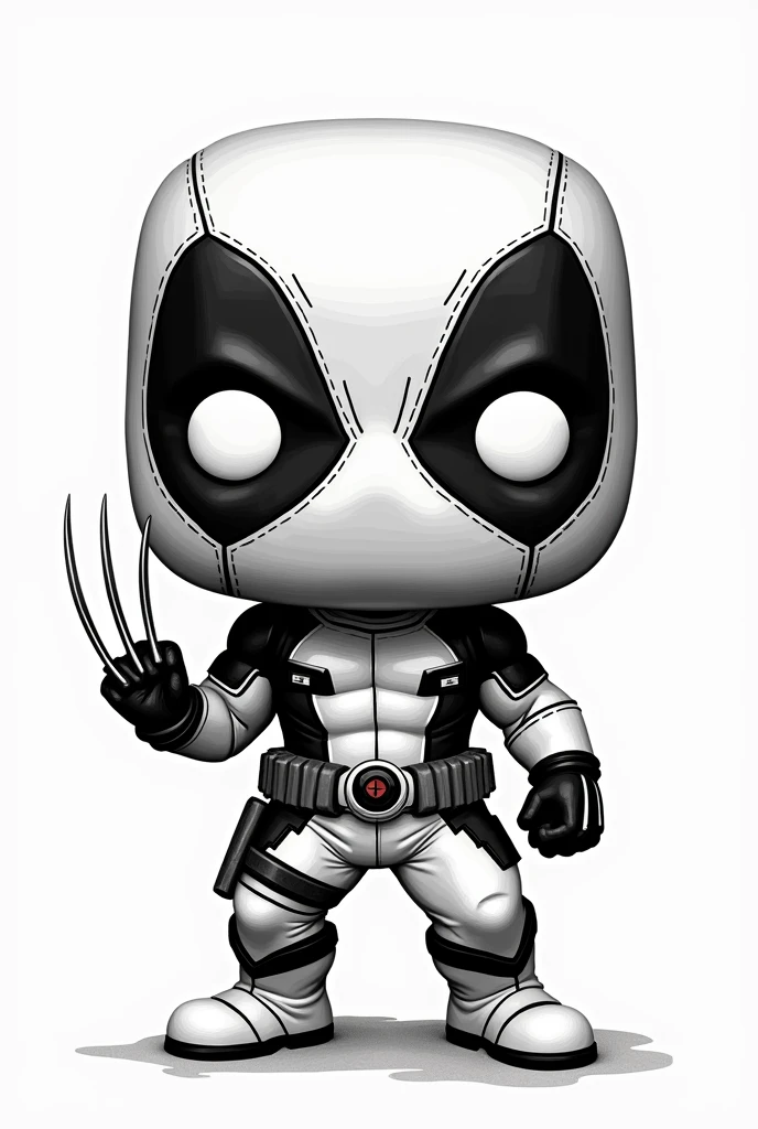 The image must be in black and white, no colors, only with strokes. Deadpool character in Funko Pop style (in strokes, no shadings), Rounded head with full mask covering the face, big white eyes and expression of humor (in strokes, no shadings), Athletic body with superhero costume details (in strokes, no shadings), badass clothing: fitted suit with armor details, belt with pouches and Deadpool insignia, two katanas crossed on the back (in strokes, no shadings), Facing position with one hand holding a katana and the other in a gesture of "thumbs up" or arms crossed (in strokes, no shadings), There must be an empty white background, no shading, with open space between the lines.