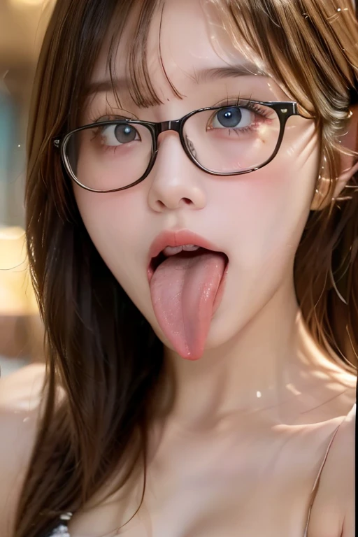 4K、Realistic depiction、Beautiful image quality、、beautiful girl、20-year-old、mouth、、主にmouthを大きく描きます、mouthを画面の主要部分として描画します、look up、大きく開いたmouth、tongue、長いtongue、tongueをmouthから出す、mouthの中が見える、mouthを開けて喉を見せてください、Throat is visible、mouthの中が見える、大きなtongue、綺麗なtongue、Seductive eyes、Looking up、Wearing glasses