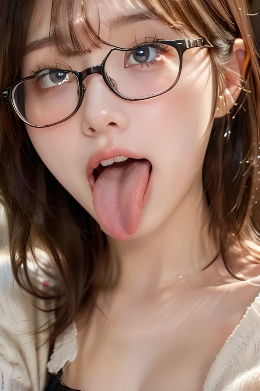 woman, beautiful girl, 、 Baby Face, Realistic skin of the highest quality, Eyes are focused, 20-year-old, Sticking out tongue, Focus on the mouth, Open your mouth, Long Tongue, saliva, Open your mouth , You can see inside the mouth, Open your mouth Sticking out tongue, Realistic tongue、Provocative eyes、look up、attractive、Wearing glasses、