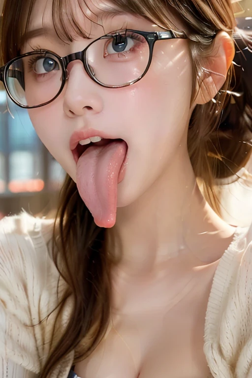 woman, beautiful girl, 、 , Realistic skin of the highest quality, Eyes are focused, 20-year-old, Sticking out tongue, Focus on the mouth, Open your mouth, Long Tongue, saliva, Open your mouth , You can see inside the mouth, Open your mouth  Sticking out tongue, Realistic tongue、Provocative eyes、look up、attractive、Wearing glasses、
