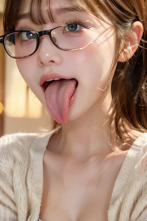 woman, beautiful girl, 、 , Realistic skin of the highest quality, Eyes are focused, 20-year-old, Sticking out tongue, Focus on the mouth, Open your mouth, Long Tongue, saliva, Open your mouth , You can see inside the mouth, Open your mouth  Sticking out tongue, Realistic tongue、Provocative eyes、look up、attractive、Wearing glasses