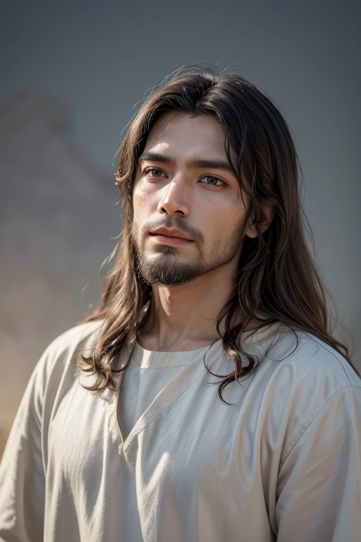 "Create a realistic image of Jesus Christ that respects the historical and cultural context. The image must show Jesus with authentic human characteristics, such as hair and skin according to the Middle East region in the first century. Dress him in simple, historical clothing from the era.. Maintain a calm and compassionate expression, reflecting peace and love. The background should be neutral or natural, like a peaceful landscape. Add a soft aura around the figure to convey a sense of spirituality."