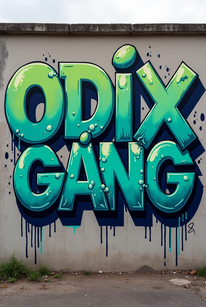 Drawing graffiti with the words ODIX GANG, the letters are transformed in an impressive way and the main colors are green, blue and navy blue