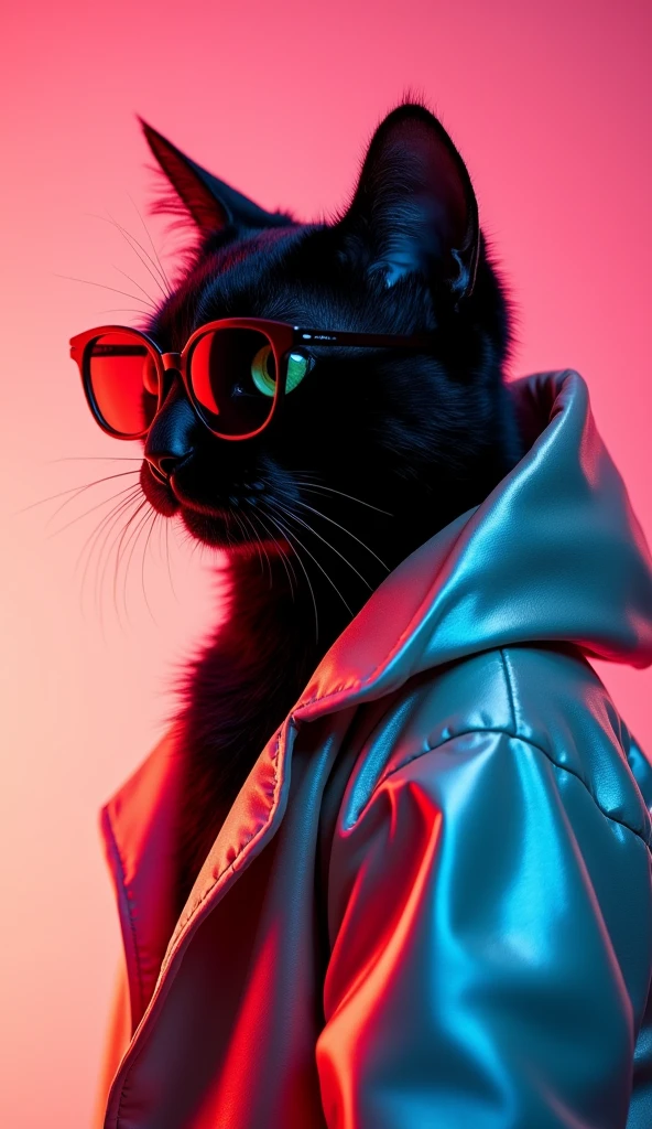 The best mobile wallpaper, Award winning wallpaper, portrait photography, In the front view there is a portrait of a cute black cat with green eyes, dressed in 1960s mid-century space age clothing., side view shot, shot with canon EOS R5, Establish a marked contrast that accentuates the subject., Fluorescent white tone, Wearing a very modern coat and sunglasses is a modern 60s style.., Modern urban clothing all bright metallic colors ., beautiful background