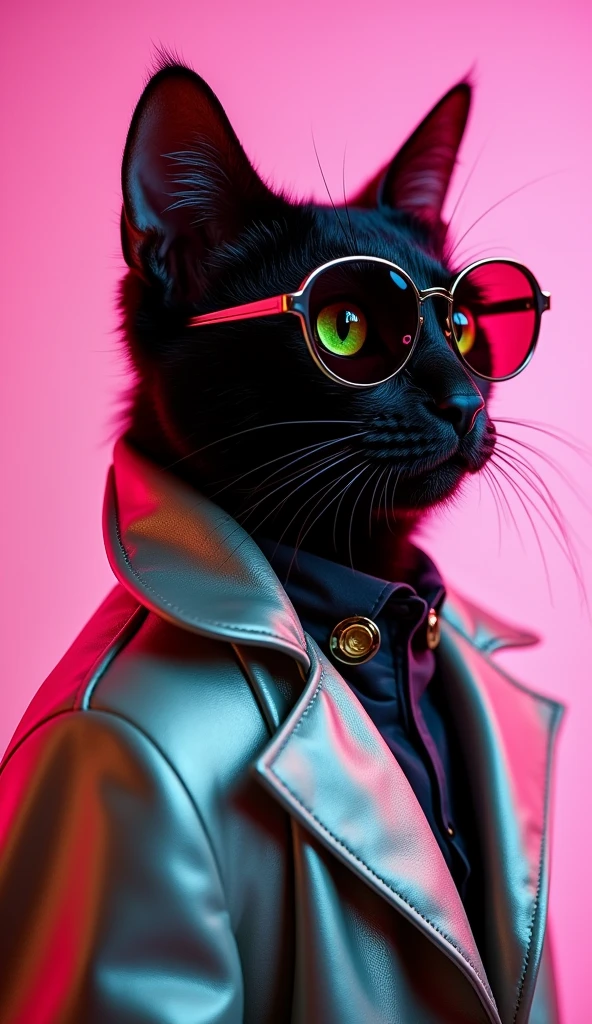 The best mobile wallpaper, Award winning wallpaper, portrait photography, In the front view there is a portrait of a cute black cat with green eyes, dressed in 1960s mid-century space age clothing., side view shot, shot with canon EOS R5, Establish a marked contrast that accentuates the subject., Fluorescent white tone, Wearing a very modern coat and sunglasses is a modern 60s style.., Modern urban clothing all bright metallic colors ., beautiful background