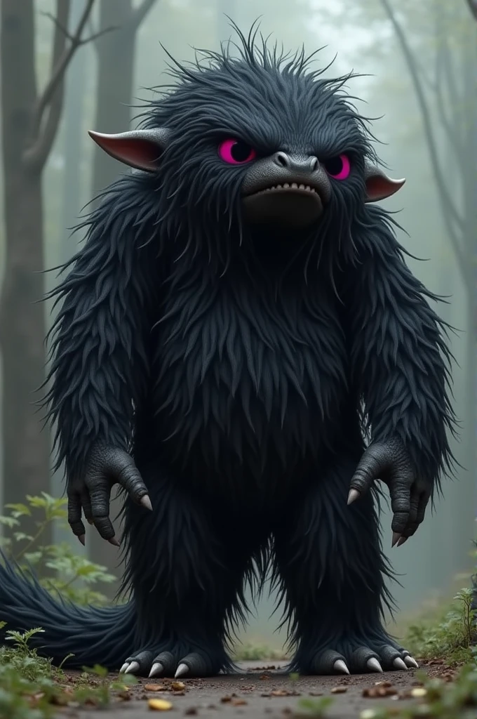 Create a monster that will have a large head the size of a pumpkin with black hair that covered its body and so much hair on its head that you couldn't see its face, except for its bright pink eyes and its pointed ears. This hairy beast, 2 meters high, has only 3 fingers on each hand that has claws and also has a very beautiful female figure