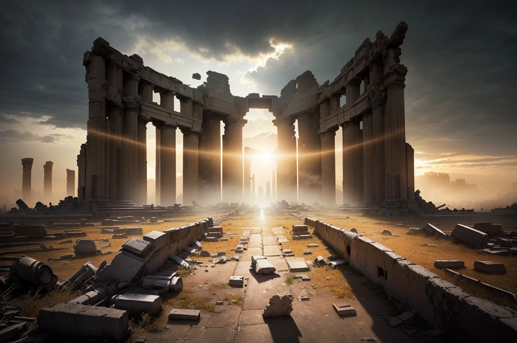 Photo taken from the ground in a ruined city,The sun shines through the clouds, Alexander Kucharsky, post apocalyptic ancient ruins, Epic cinematic matte painting, Symmetrical matte painting, dark ruins landscape, ancient ruins, Epic view of ancient ruins, ancient ruins background, dramatic cinematic composition, Ruins of ancient technology, dramatic concept art, Alexander Bogan , (low angle shot 1.8) ( Camera shot close to the ground 1.8 )