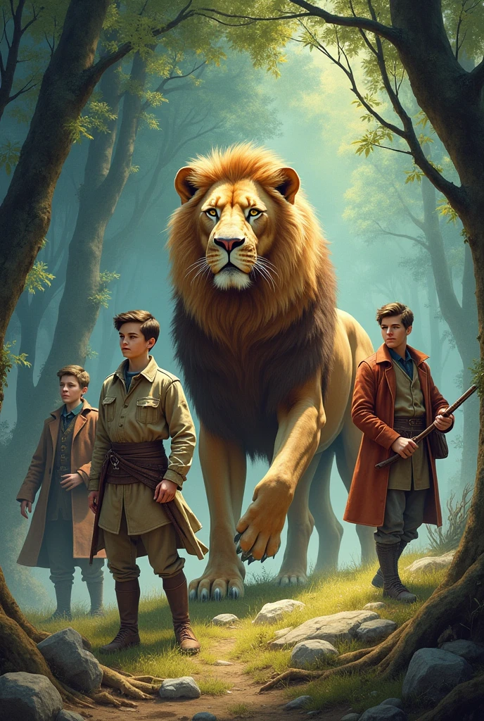 A new cover for the book The Chronicles of Narnia by Clive Staples Lewis, including the 4 brothers and the lion