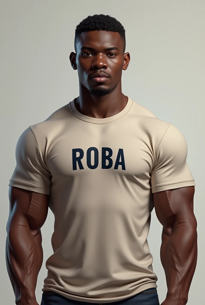 Draw a kenyan man called Roba who's age 16 big body builder wearing a t-shirt written "Roba"