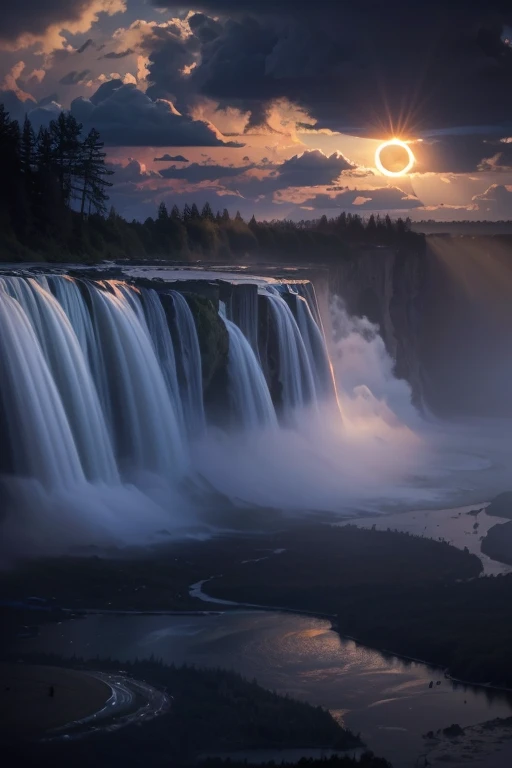 Masterpiece, (total eclipse of the sun:1.2), As the sun's embrace yields to the moon's shadow, Niagara Falls plunges into a cosmic ballet. Darkness envelops the cascades, veiling them in an ethereal mystique. Surreal light dances upon the waters, casting spells of enchantment. A celestial spectacle unfolds, invoking a sense of wonder and awe. Nature's grandeur melds with a touch of magic, weaving dreams into reality. Behold, the convergence of earth, sky, and the unknown, in a moment both fleeting and eternal, 16K, ultra high res.photorealistic, UHD, RAW,