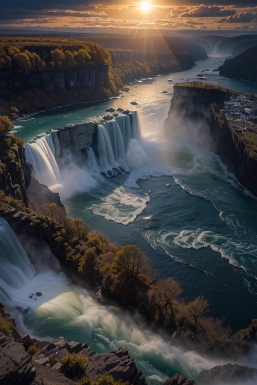 Masterpiece, (total eclipse of the sun:1.2), As the sun's embrace yields to the moon's shadow, Niagara Falls plunges into a cosmic ballet. Darkness envelops the cascades, veiling them in an ethereal mystique. Surreal light dances upon the waters, casting spells of enchantment. A celestial spectacle unfolds, invoking a sense of wonder and awe. Nature's grandeur melds with a touch of magic, weaving dreams into reality. Behold, the convergence of earth, sky, and the unknown, in a moment both fleeting and eternal, 16K, ultra high res.photorealistic, UHD, RAW,